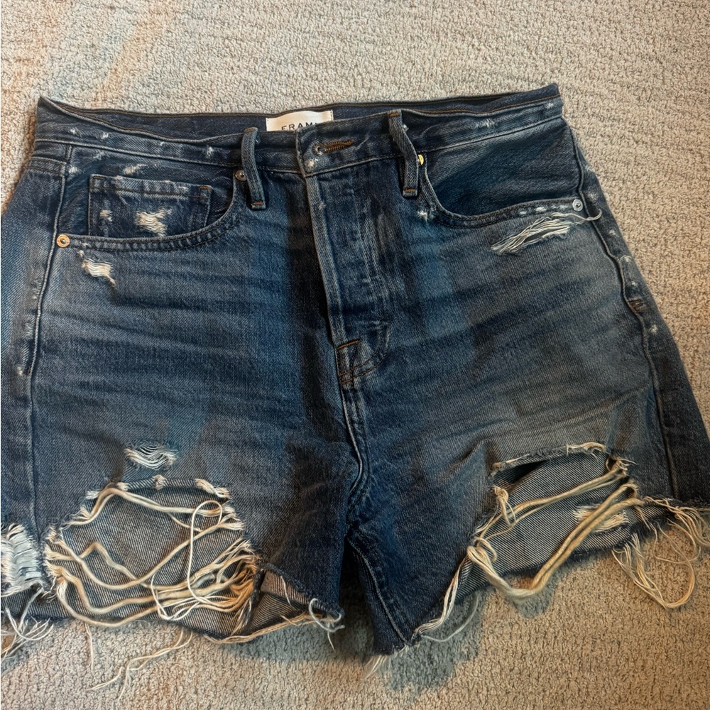 Frame Denim Distressed Dark Blue Jean Shorts